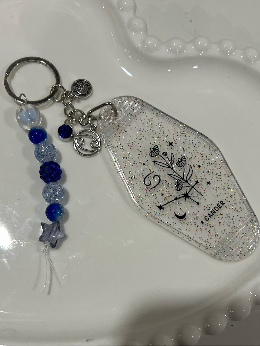 Zodiac Cancer Glitter Keychain with Blue Beaded Charm